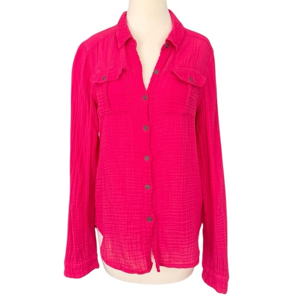 We the Free Magenta Pink Long Sleeved Gauze Button Up Lightweight Pockets Sz Med - Picture 2 of 12
